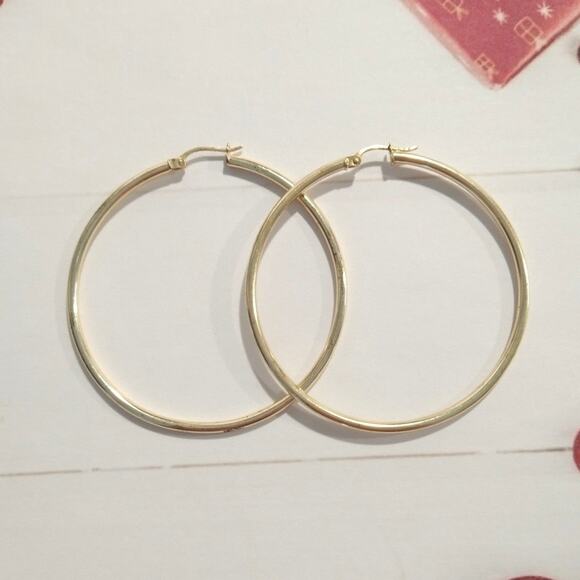 FAS 14k Yellow Gold 925 Sterling Silver Round Hoop Earrings Large Bold Signed - Picture 6 of 12